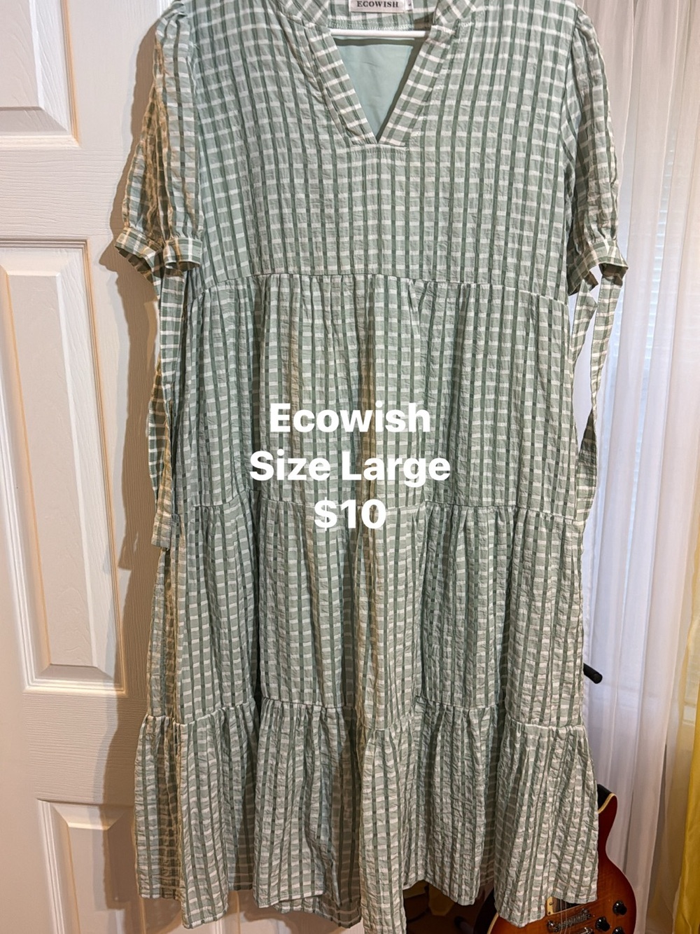 Ecowish Sage Green Striped Tiered Midi Dress